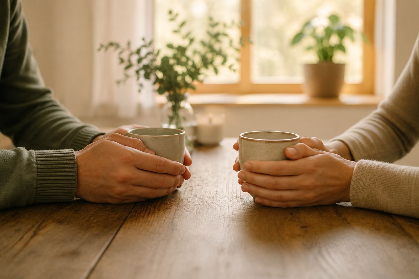 Zwei Paar Hände mit Teetassen am Tisch – Symbol für Gespräch und Verbindung